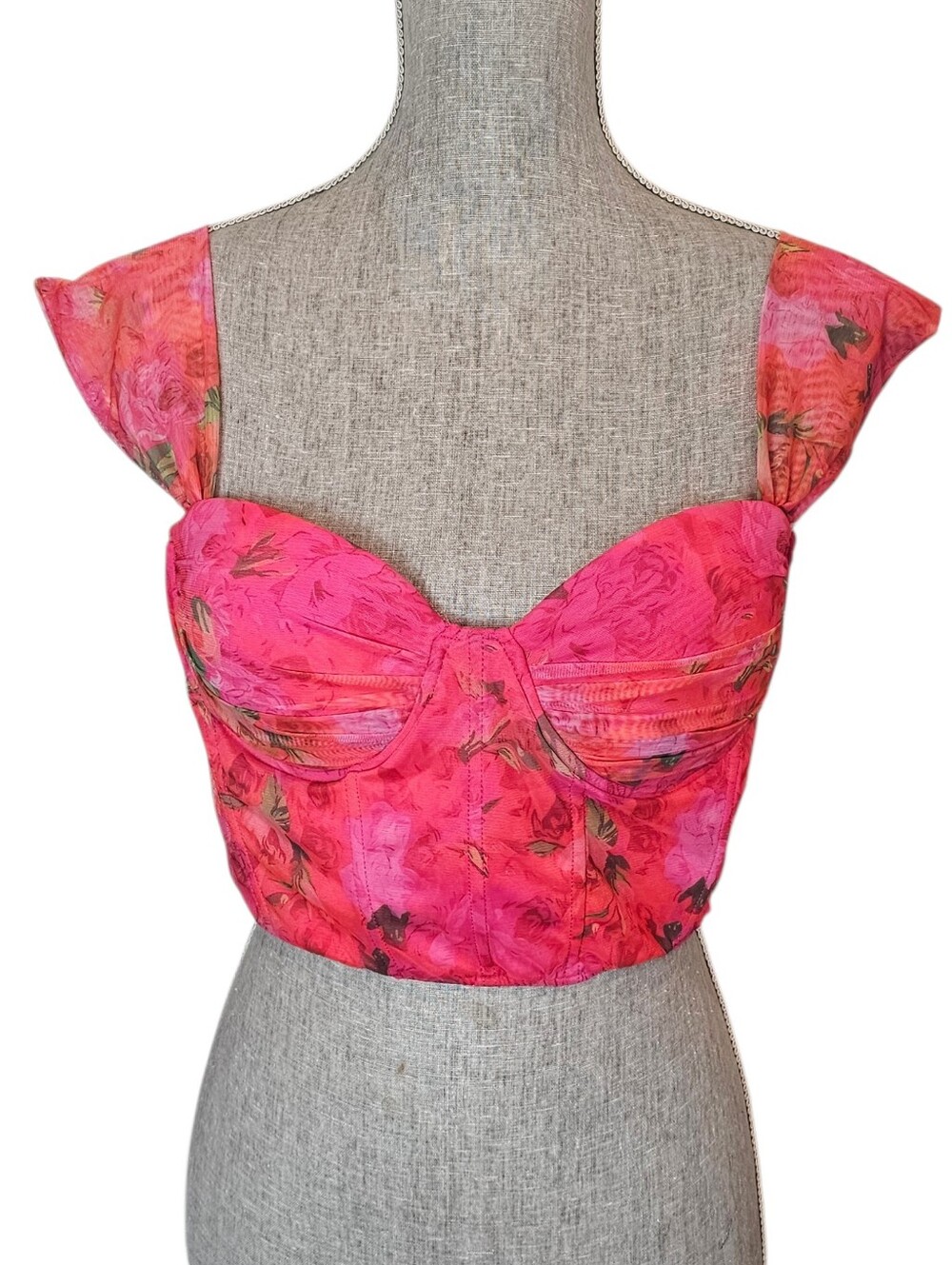 Claudette Corset Mesh Crop Top Size L Pink Floral Coquette Whimsical Y2K
